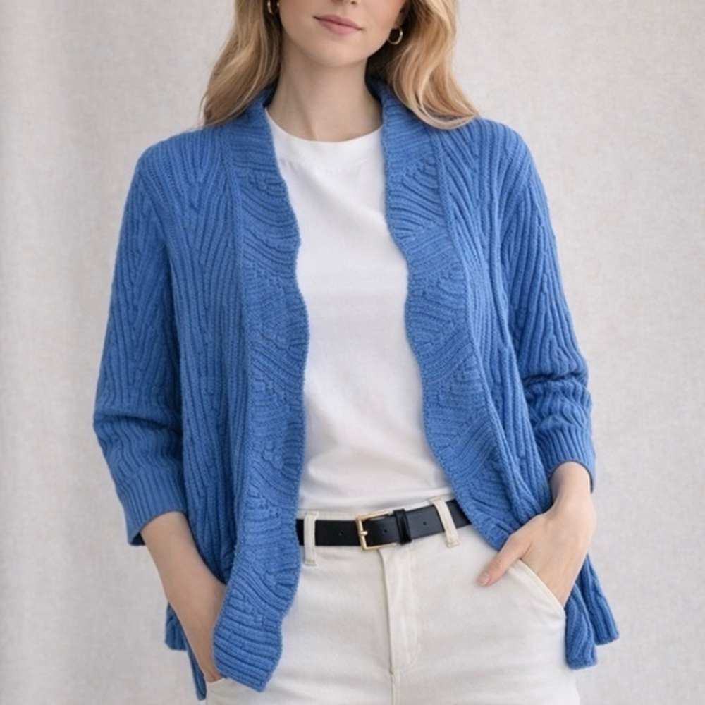 St. John Wool Blend Knit Blue 3/4 Sleeve Cardigan L